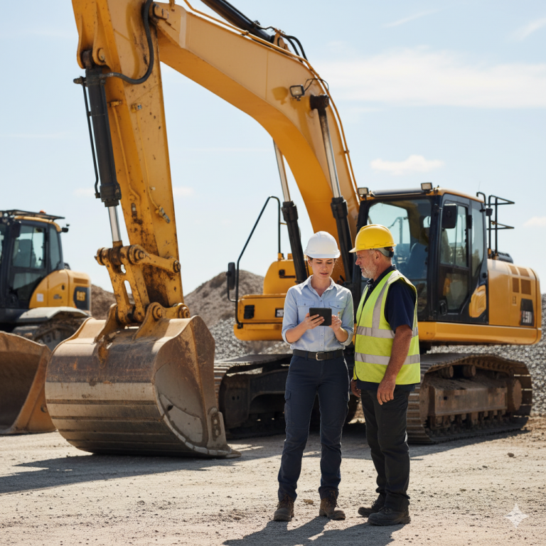 A marketing lead demonstrating a construction excavator