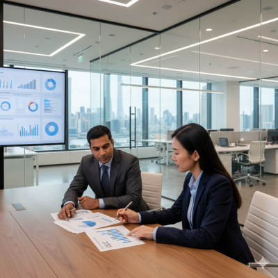 A marketing executive in a financial company analysing online campaigns to enhance digital visibility.