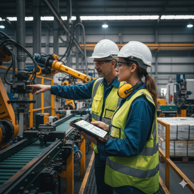 A marketing professional in safety gear observing production lines inside an industrial plant.
