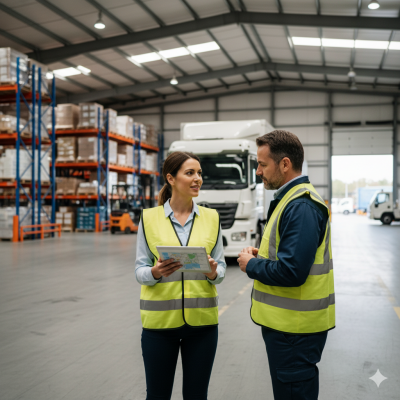 A logistics marketing specialist using a tablet while standing beside delivery trucks in a warehouse yard.