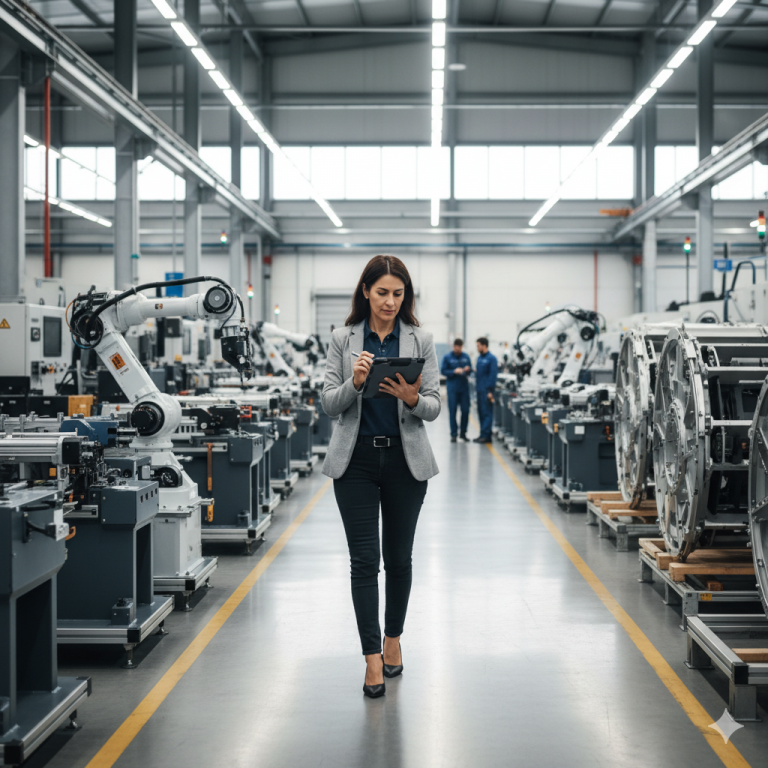 Marketing manager photographing equipment on factory floor — manufacturing SEO and product marketing.