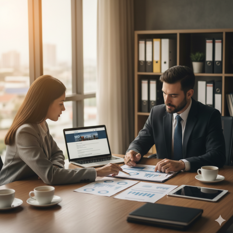 Marketing manager meeting with lawyers and accountants to review SEO report — professional services marketing.