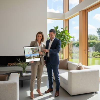 Marketing professional and estate agent reviewing online property listings