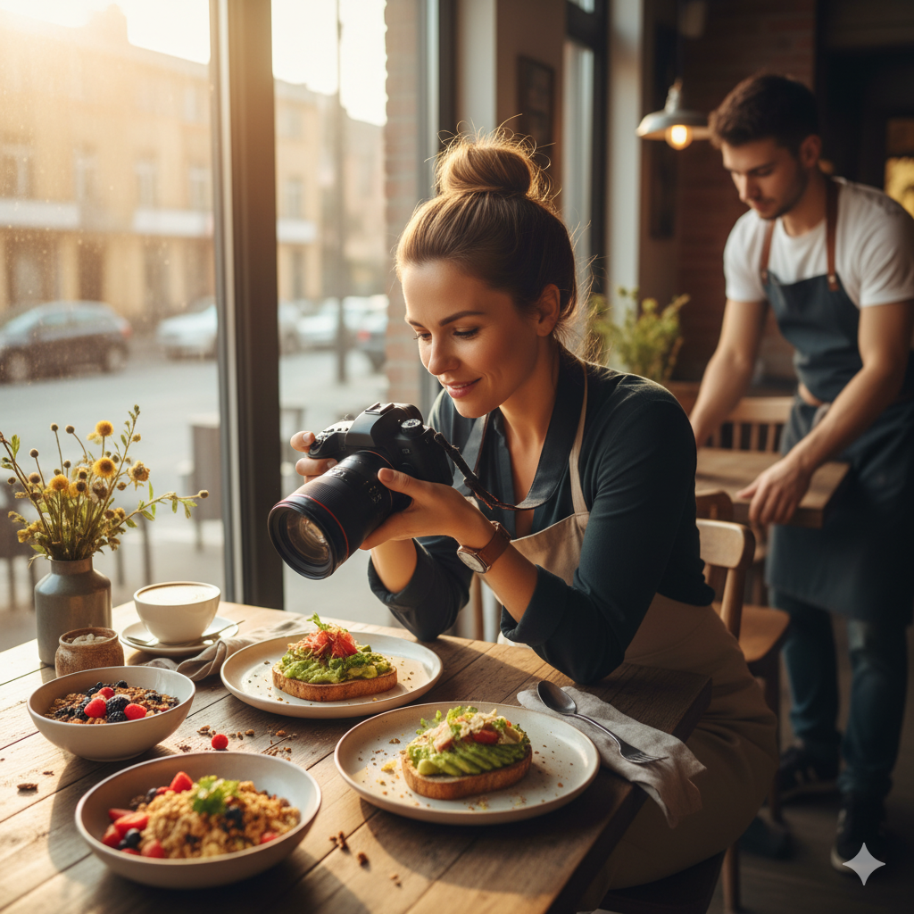 Restaurant A restaurant marketing manager photographing dishes to improve the restaurant’s website and social media presence.