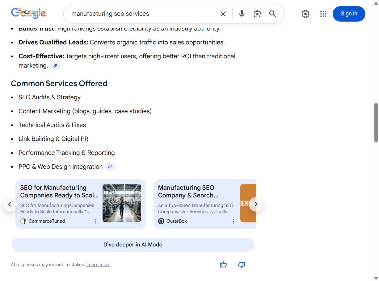 Screenshot of CommerceTuned's website quoted in an AI overview