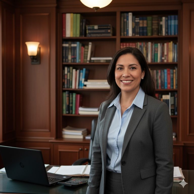 Smiling business professional standing in an office beside a desk with a laptop and calculator