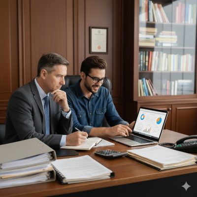 Photoreal AI illustration of an SEO specialist talking with an accountant.