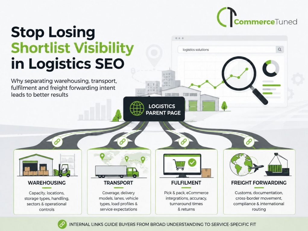 Logistics SEO requires clear service separation. Warehousing, transport, fulfilment and freight forwarding need enough distinction for buyers to recognise their own problem.