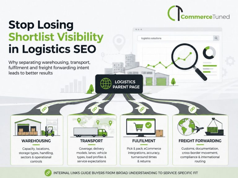 Logistics SEO requires clear service separation. Warehousing, transport, fulfilment and freight forwarding need enough distinction for buyers to recognise their own problem.